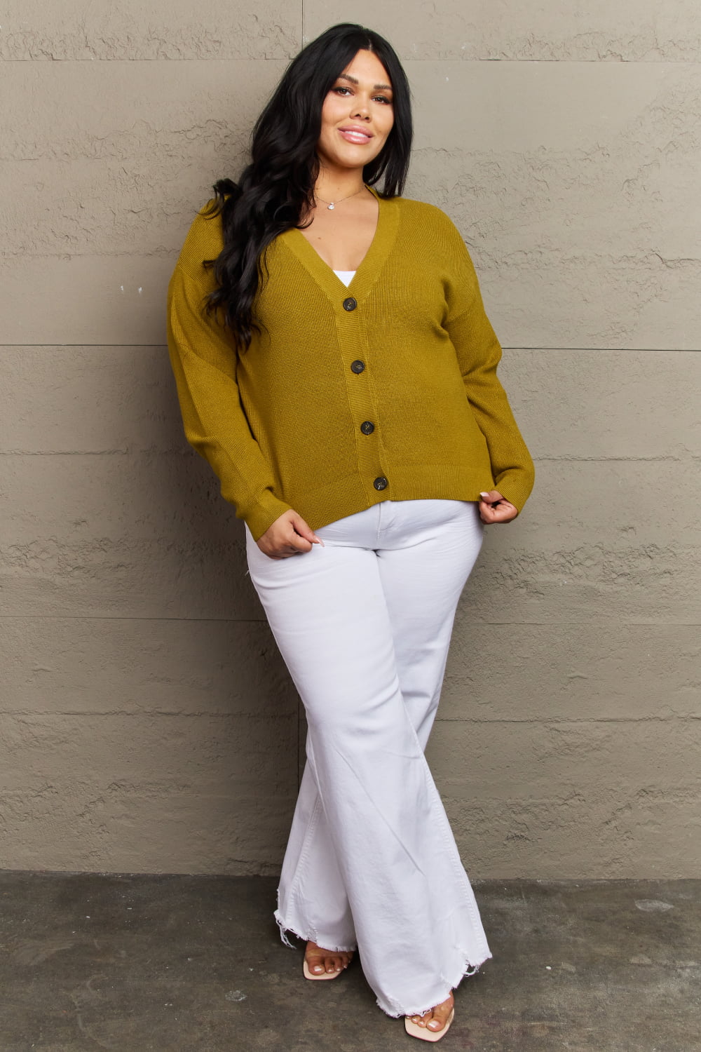 Zenana - Button Down Cardigan in Yellow Green