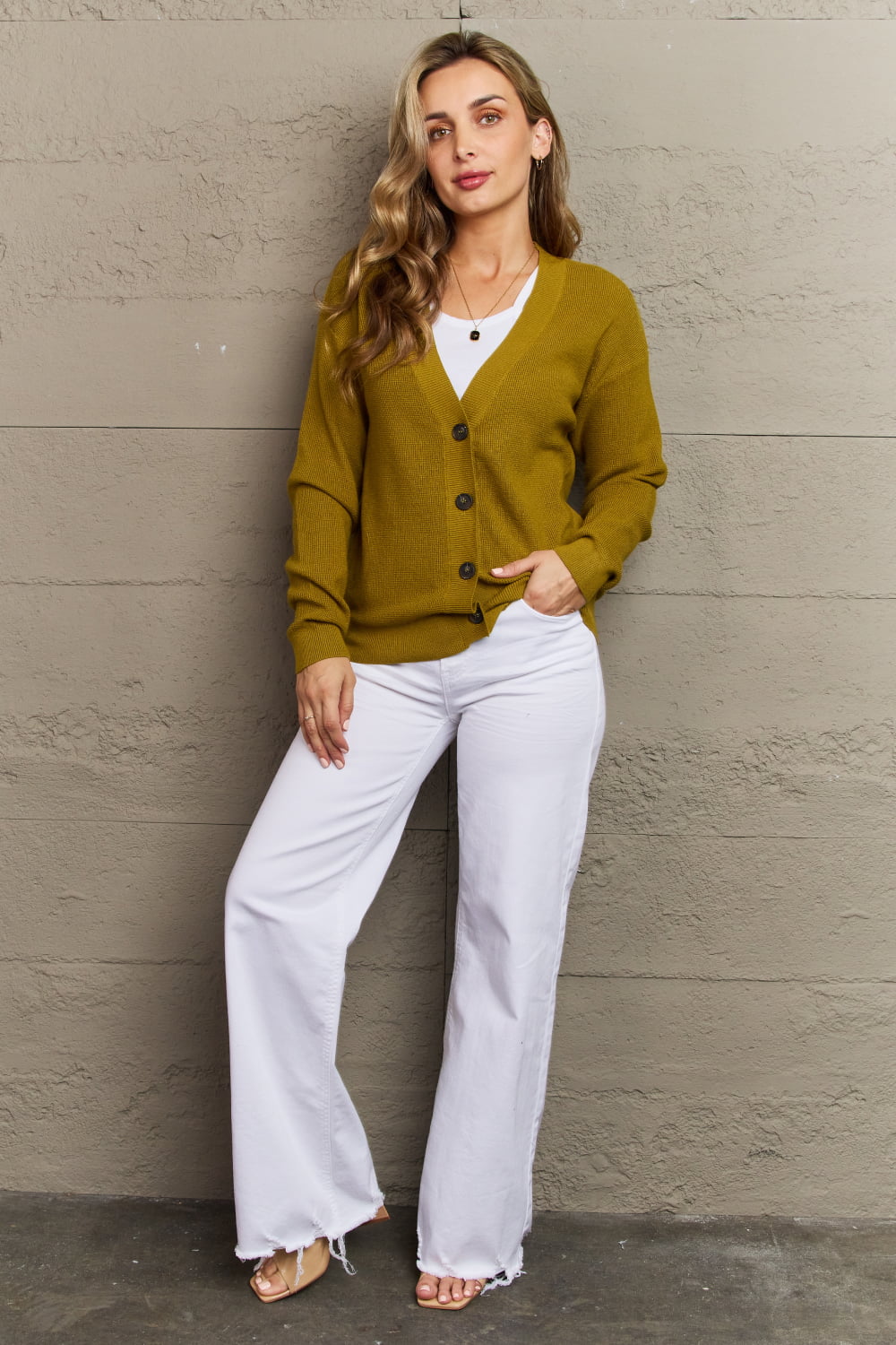 Zenana - Button Down Cardigan in Yellow Green