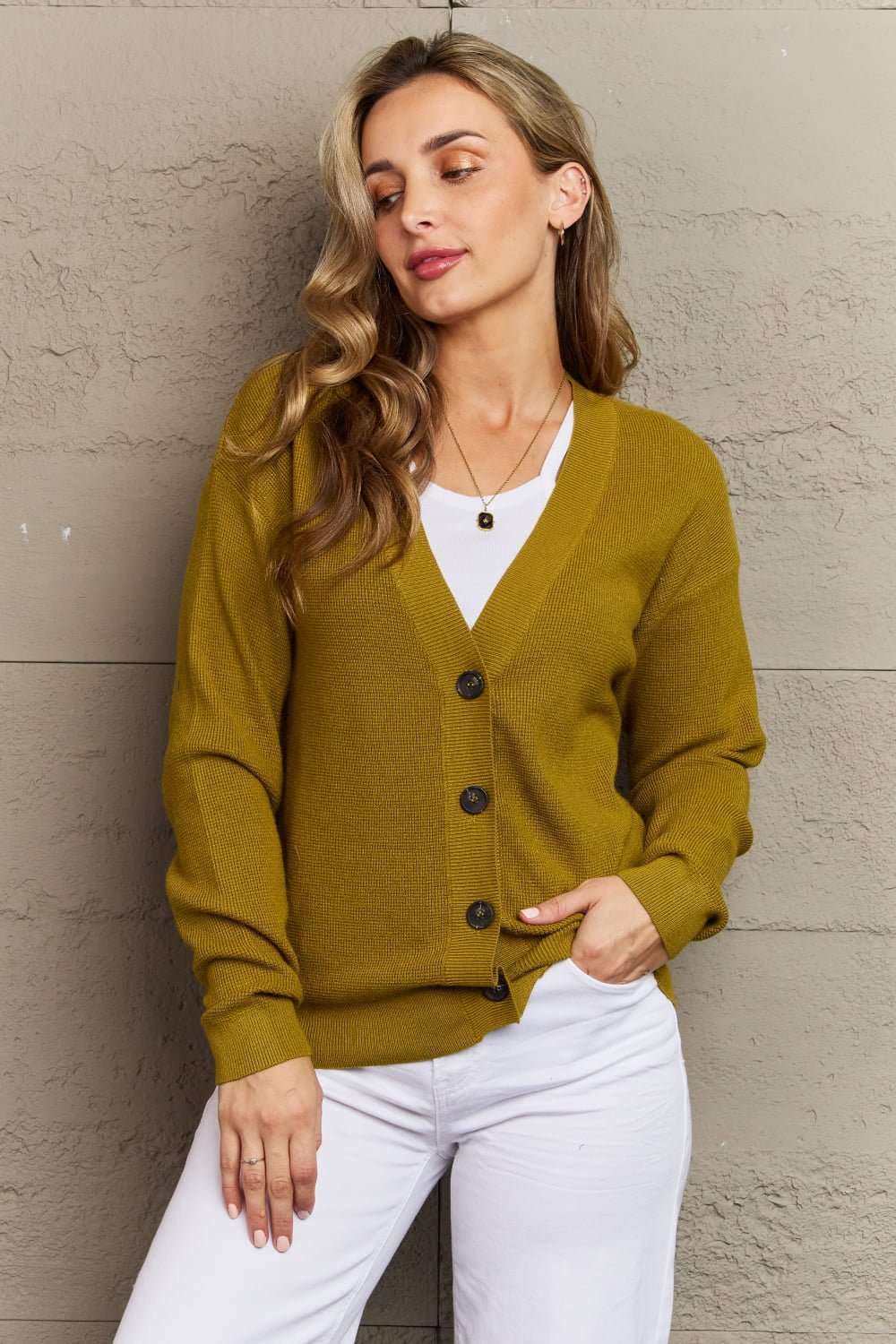 Zenana - Button Down Cardigan in Yellow Green