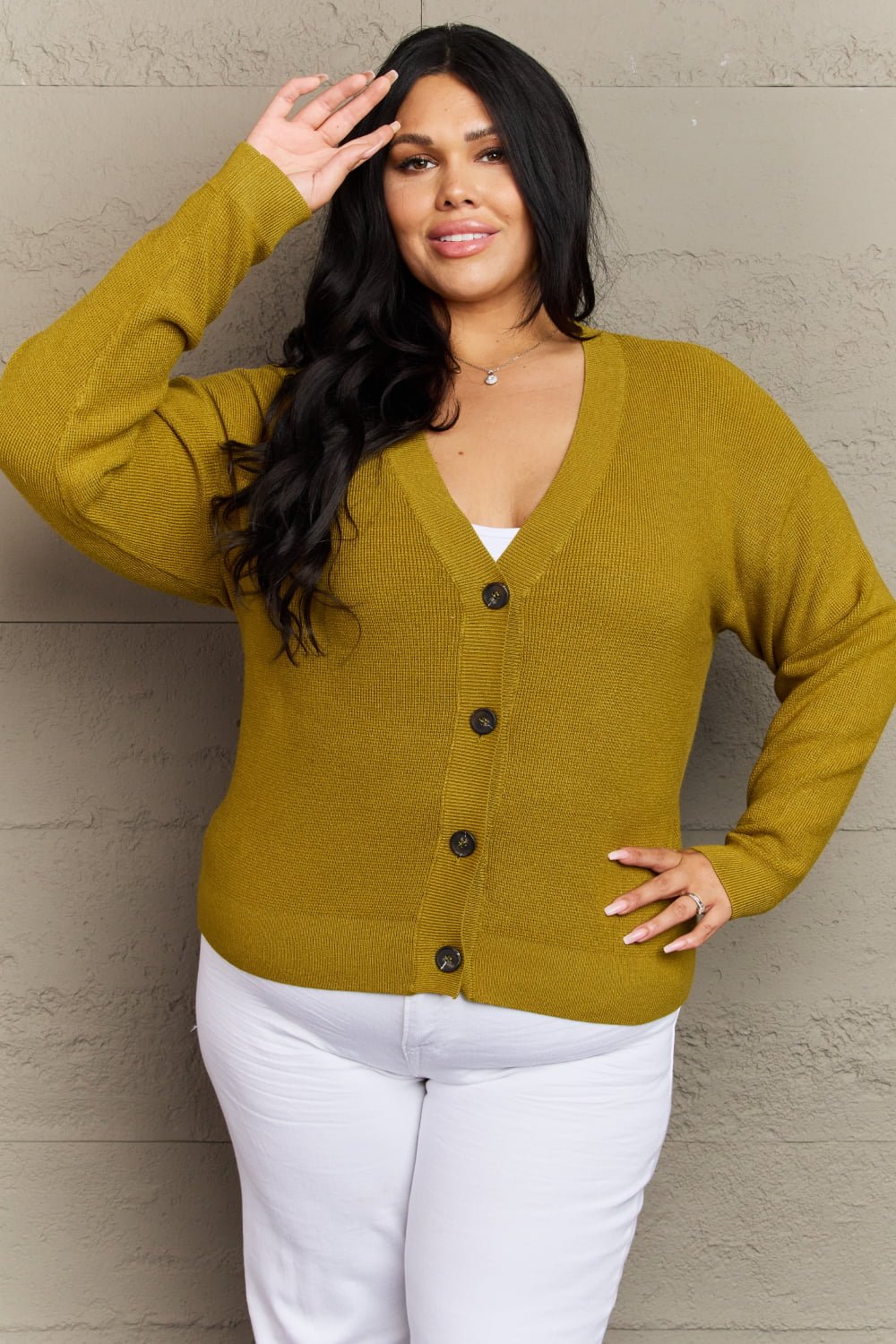 Zenana - Button Down Cardigan in Yellow Green