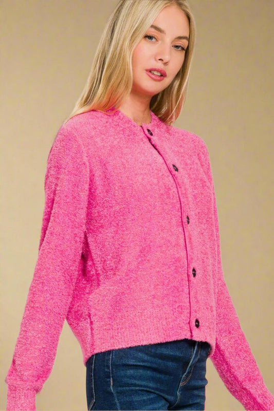 Zenana - Button Down Long Sleeve Cardigan in Fuchsia