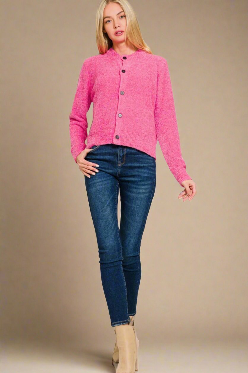 Zenana - Button Down Long Sleeve Cardigan in Fuchsia