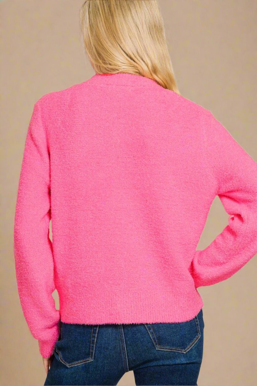 Zenana - Button Down Long Sleeve Cardigan in Fuchsia