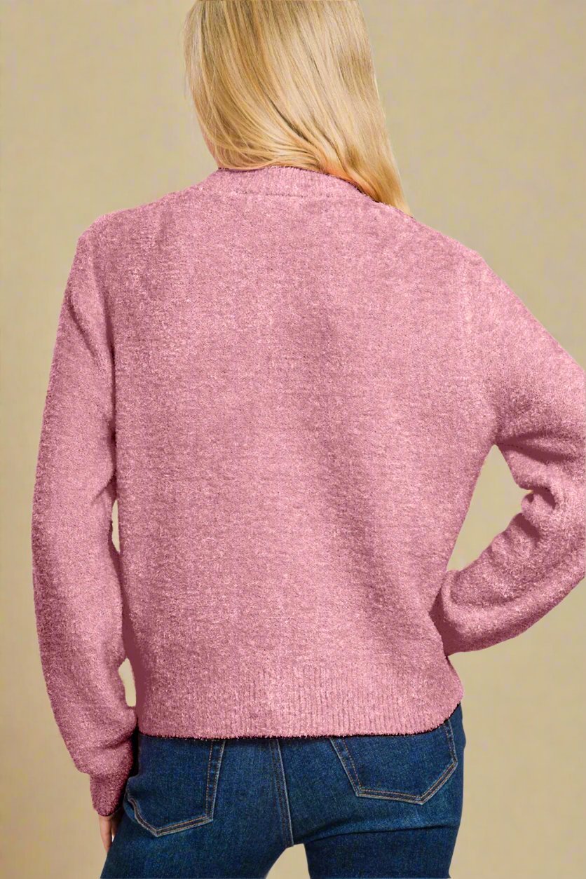 Zenana - Button Down Long Sleeve Cardigan in Light Rose