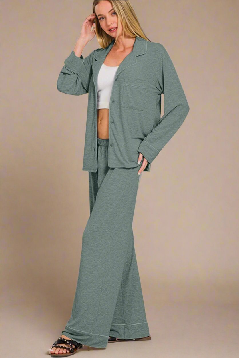 Zenana - Button Down Long Sleeve Top and Pants Lounge Set in Sage