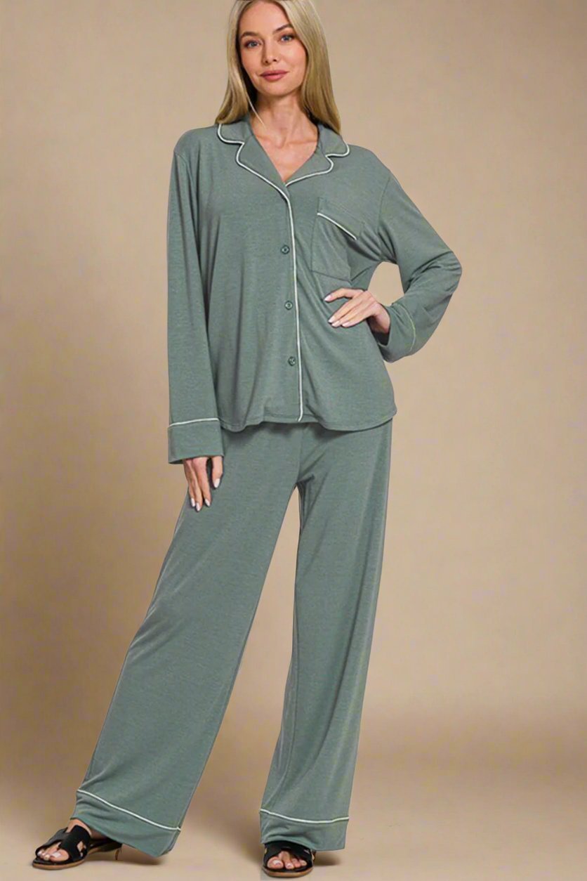 Zenana - Button Down Long Sleeve Top and Pants Lounge Set in Sage