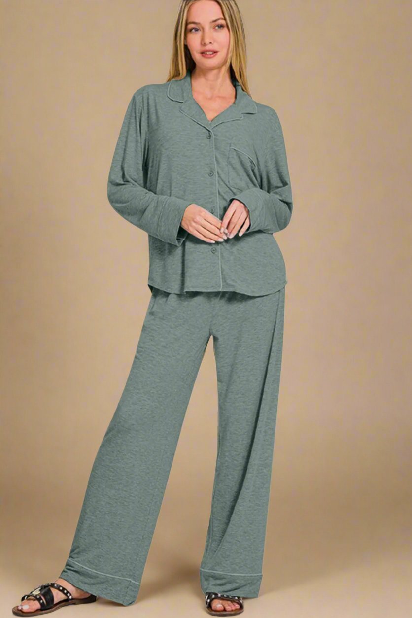 Zenana - Button Down Long Sleeve Top and Pants Lounge Set in Sage