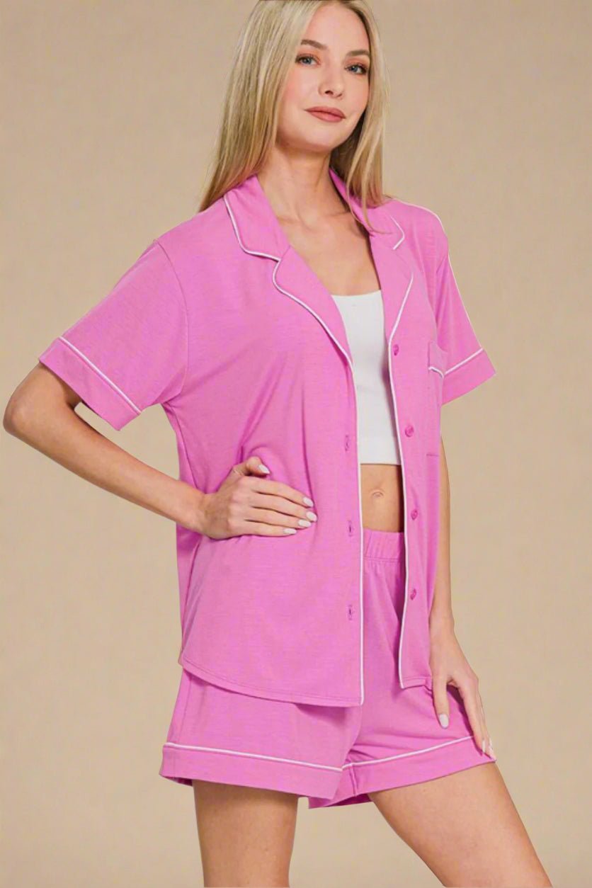 Zenana - Button Down Top & Shorts Lounge Set in Bright Mauve