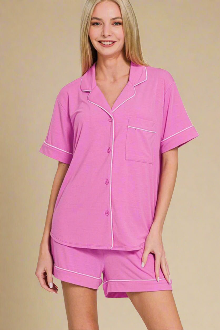 Zenana - Button Down Top & Shorts Lounge Set in Bright Mauve