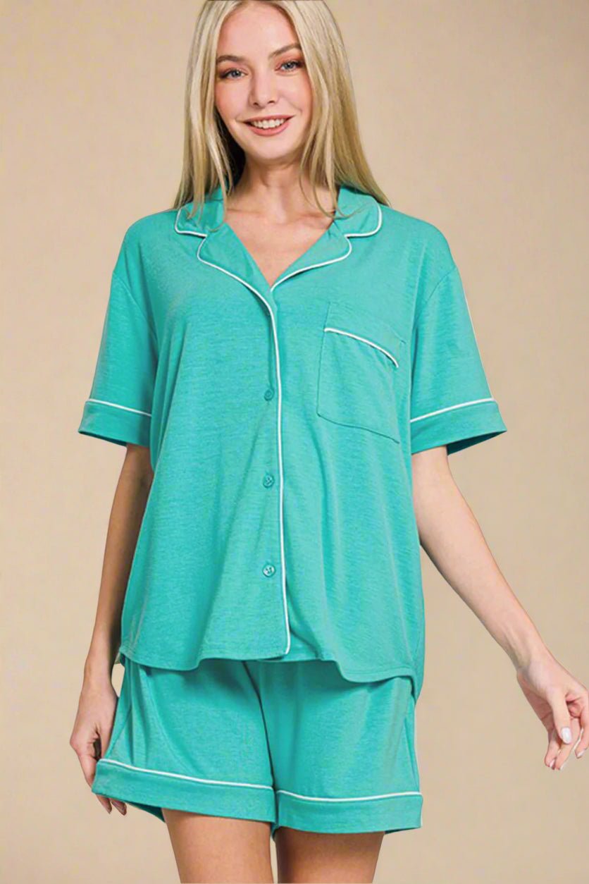 Zenana - Button Down Top & Shorts Lounge Set in Turquoise