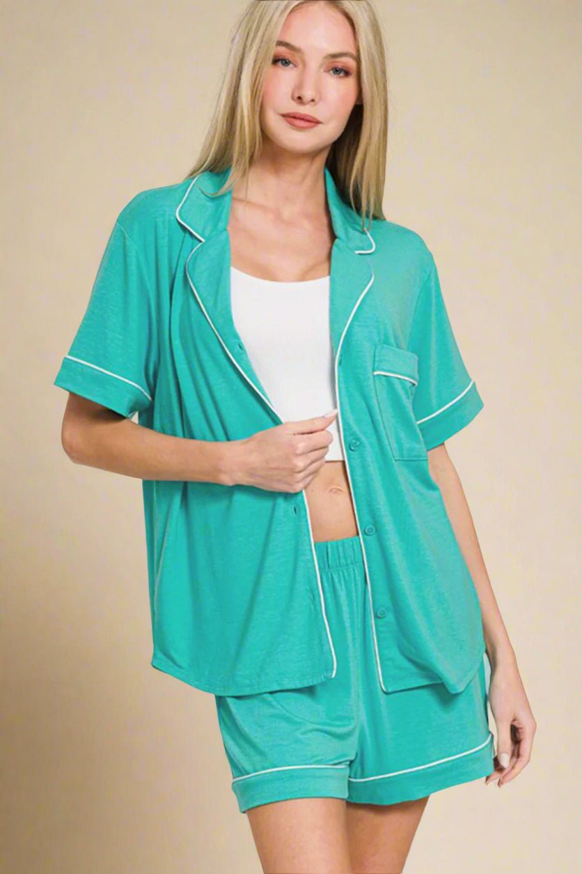 Zenana - Button Down Top & Shorts Lounge Set in Turquoise