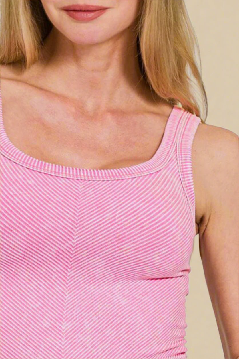 Zenana - Candy Pink Washed Rib Knit Crop Tank Top