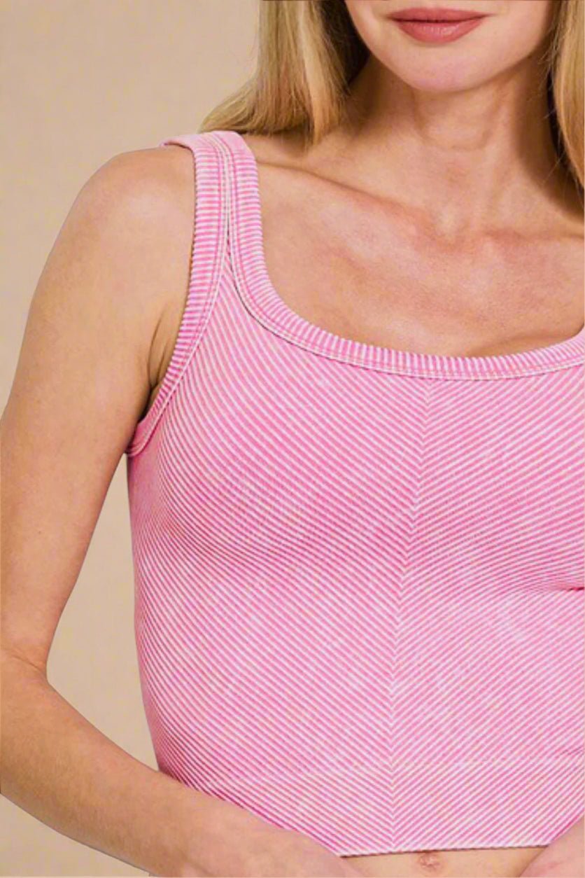 Zenana - Candy Pink Washed Rib Knit Crop Tank Top