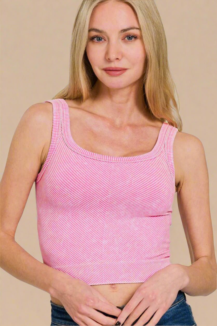 Zenana - Candy Pink Washed Rib Knit Crop Tank Top