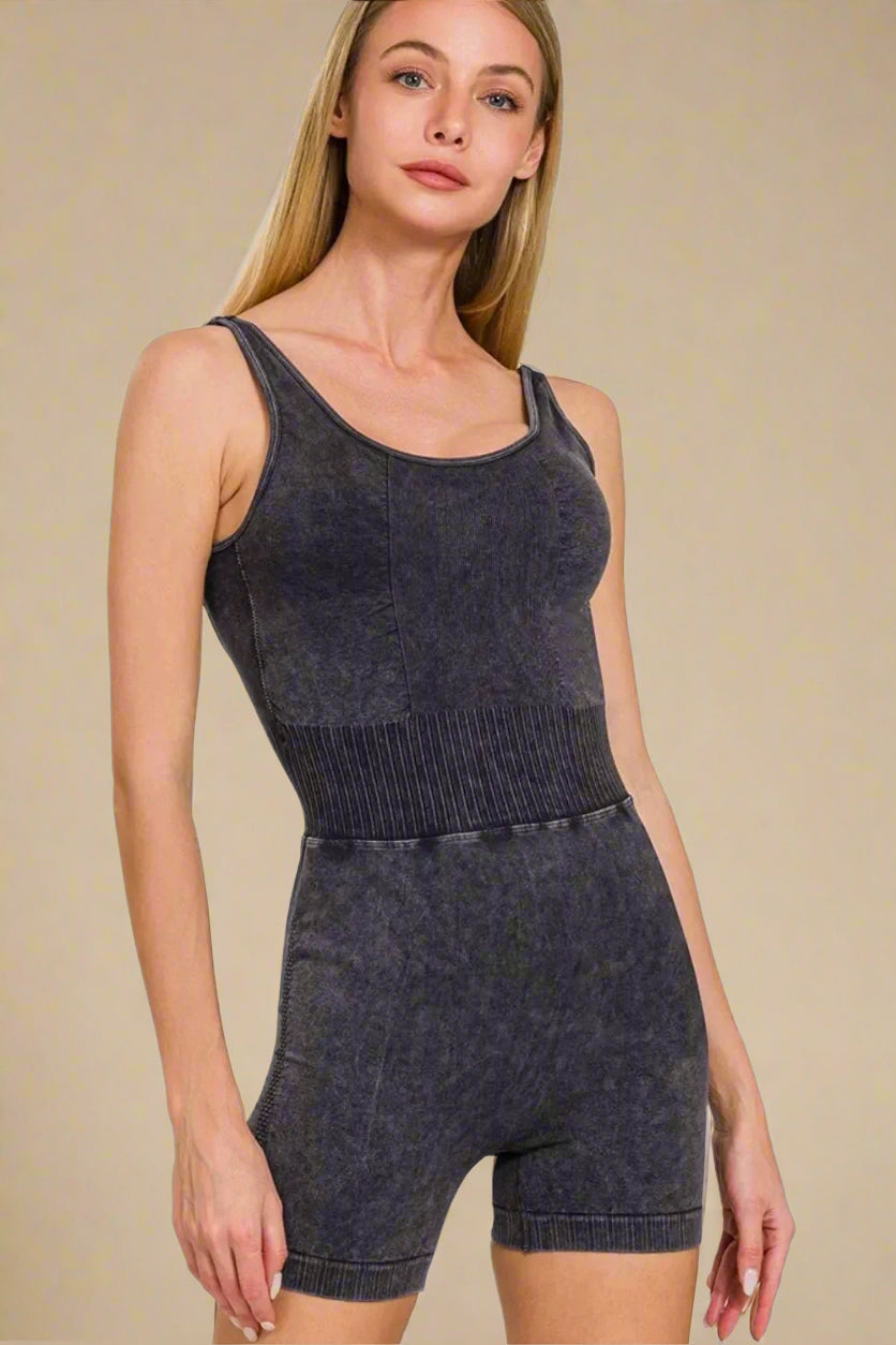 Zenana - Charcoal Washed Rib Knit Tank Romper