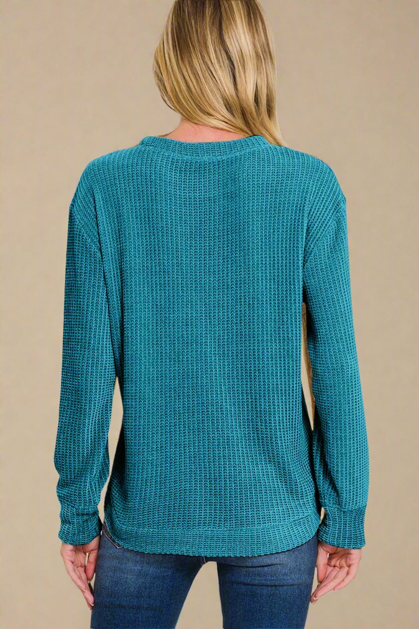 Zenana - Chenille Waffle Knit Sweater in Ocean Teal