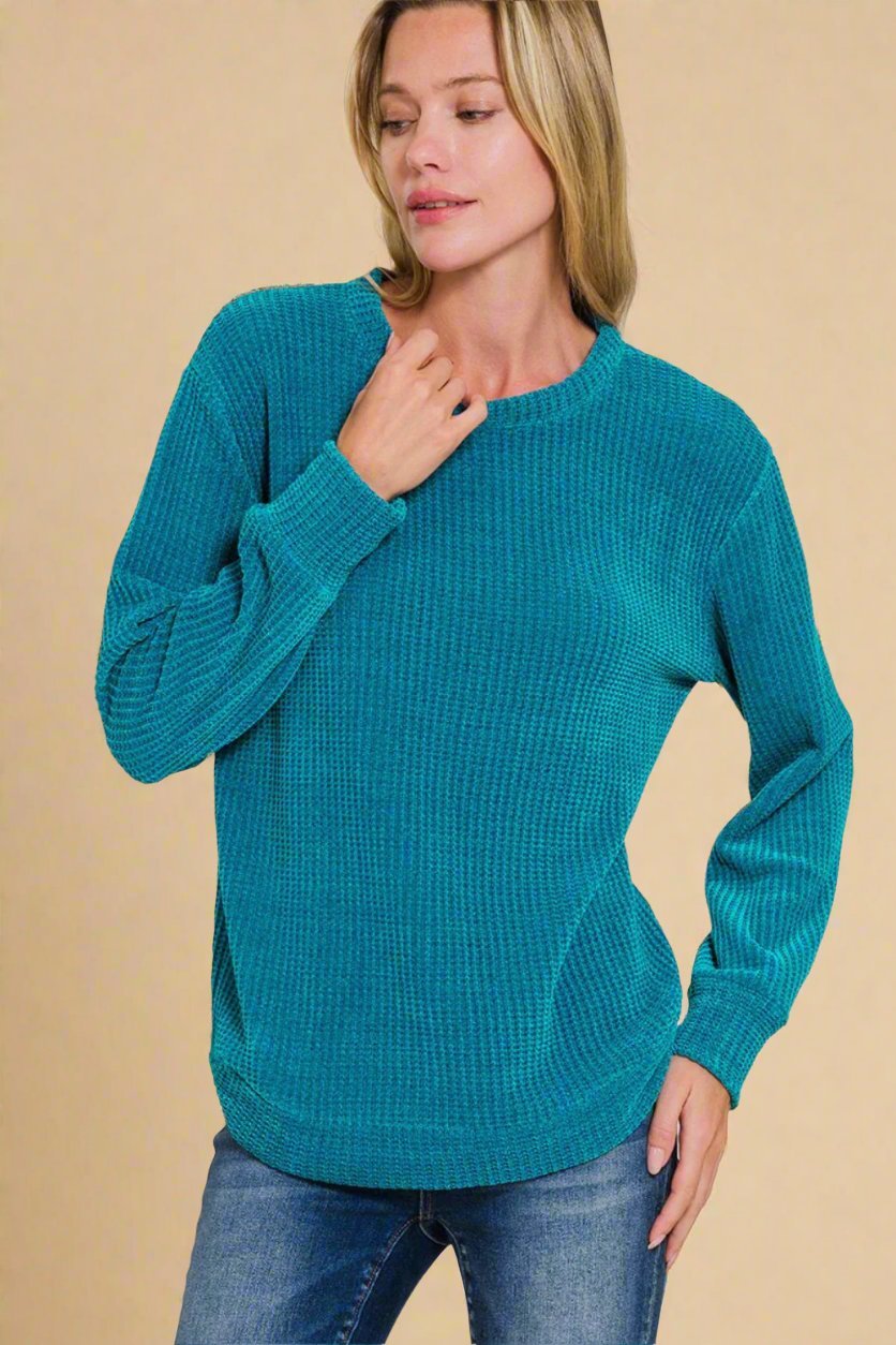 Zenana - Chenille Waffle Knit Sweater in Ocean Teal