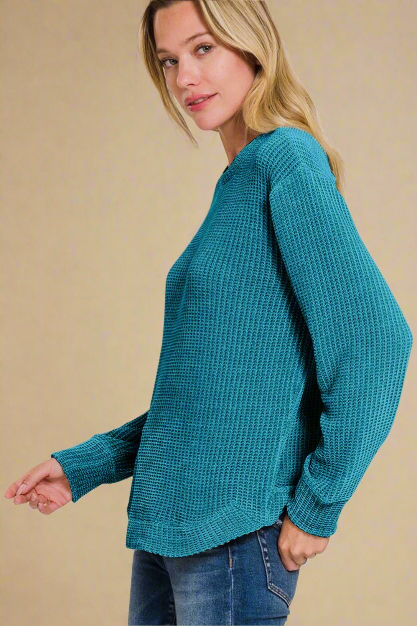 Zenana - Chenille Waffle Knit Sweater in Ocean Teal