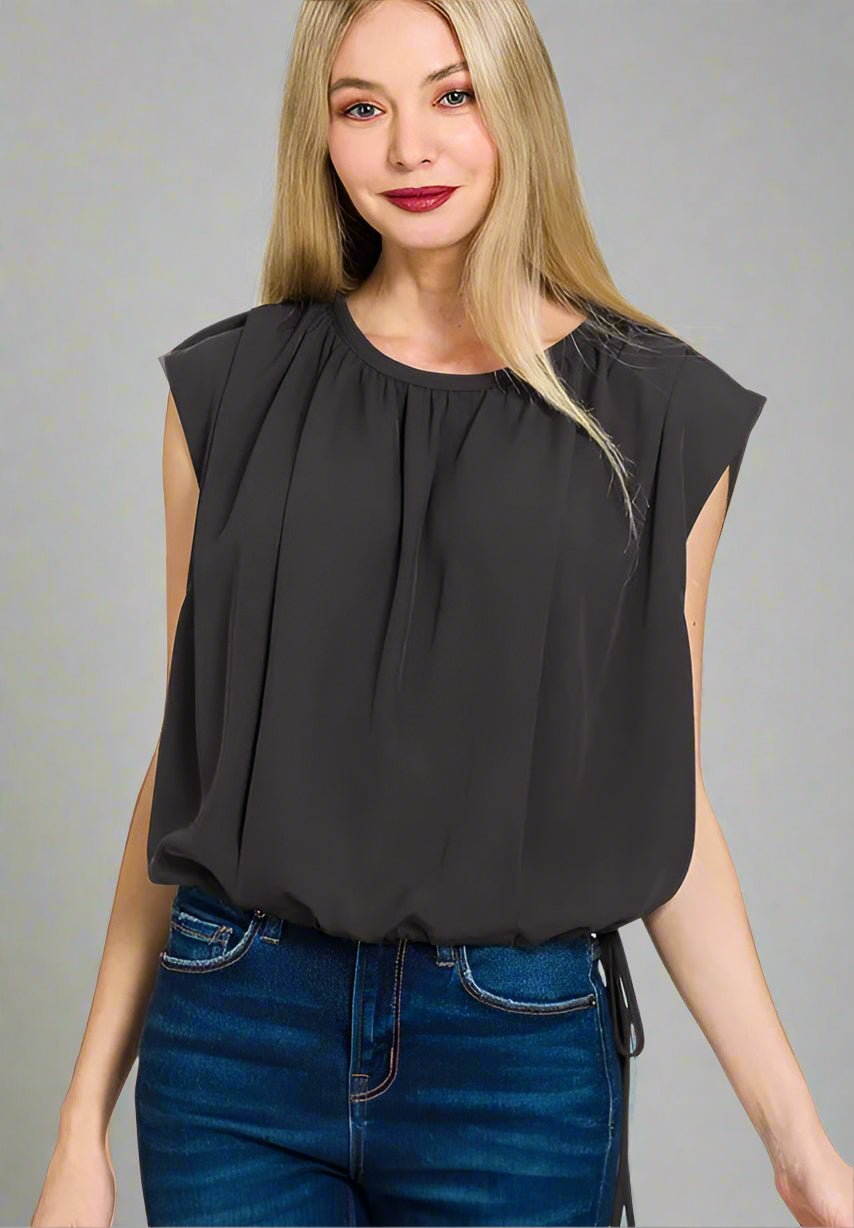 Zenana - Cinched Hem Flutter Sleeve Top – Black
