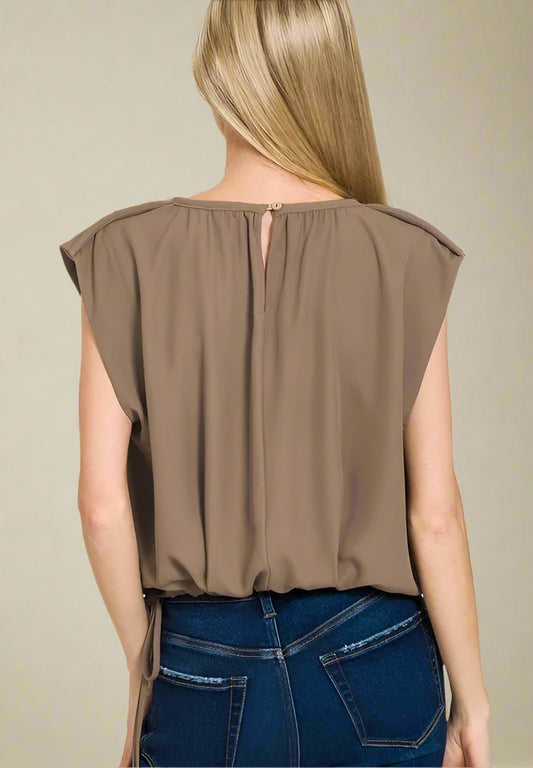 Zenana - Cinched Hem Flutter Sleeve Top – Cocoa Taupe