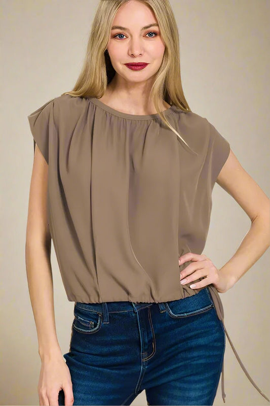 Zenana - Cinched Hem Flutter Sleeve Top – Cocoa Taupe