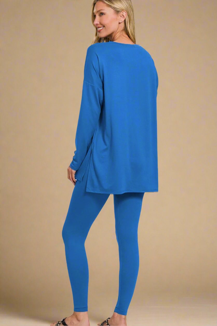 Zenana - Classic Blue Brushed Microfiber Top and Leggings Lounge Set