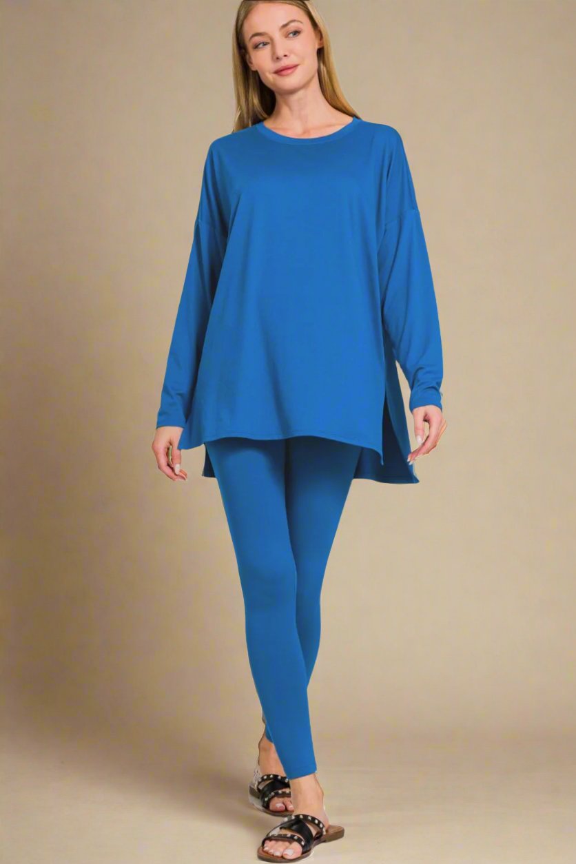 Zenana - Classic Blue Brushed Microfiber Top and Leggings Lounge Set