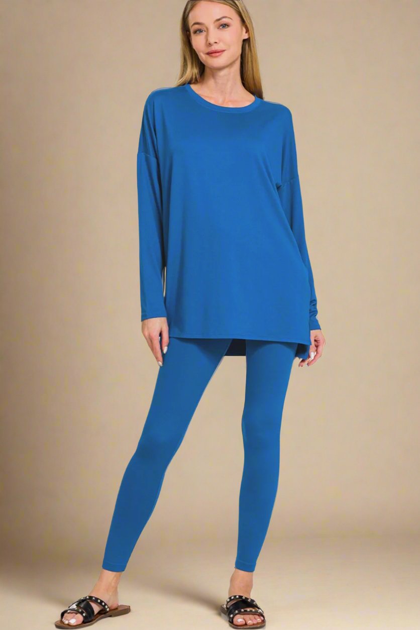 Zenana - Classic Blue Brushed Microfiber Top and Leggings Lounge Set