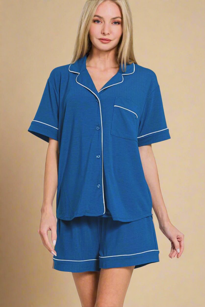 Zenana - Classic Blue Button Down Top and Shorts Lounge Set