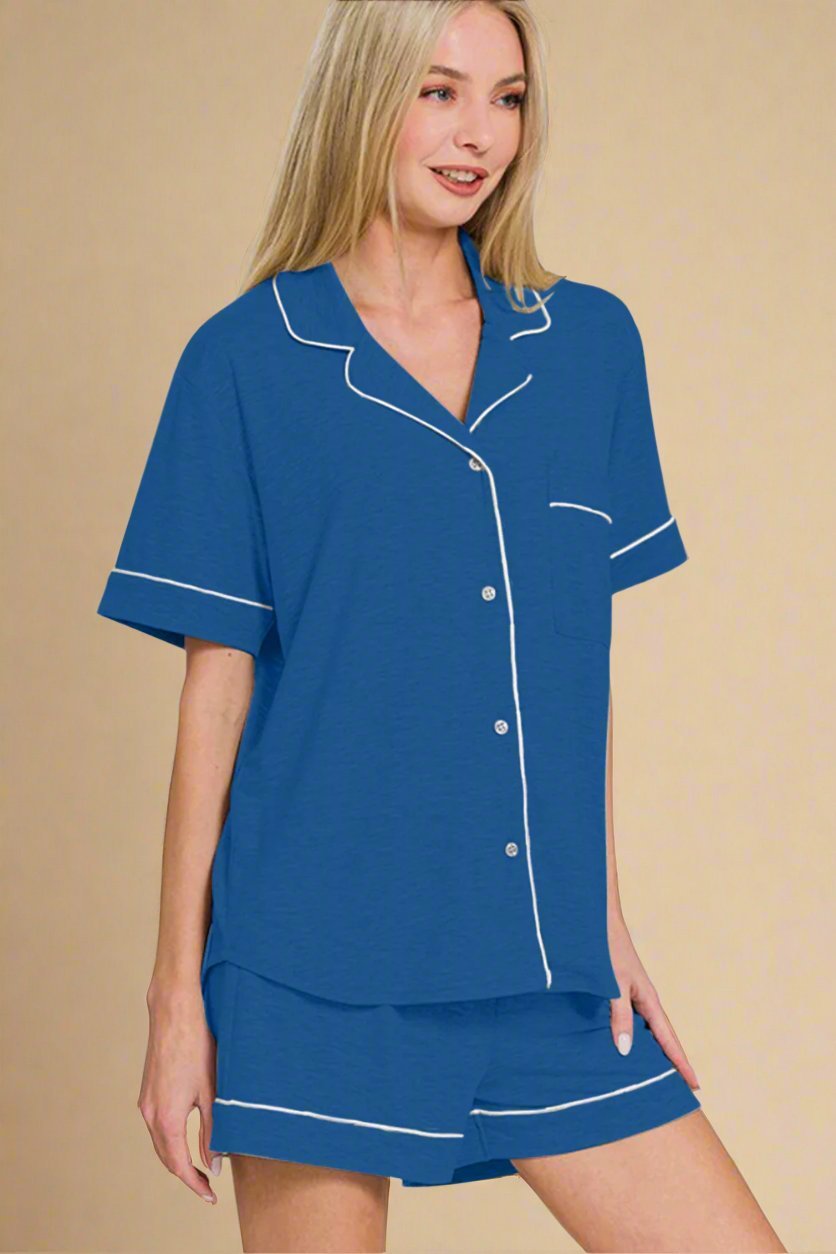 Zenana - Classic Blue Button Down Top and Shorts Lounge Set