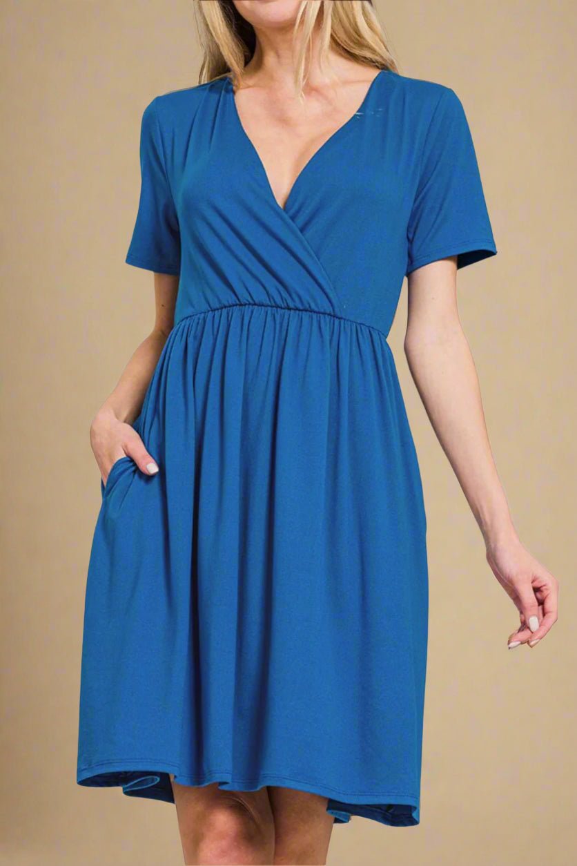 Zenana - Classic Blue Short Sleeve Mini Faux Wrap Dress