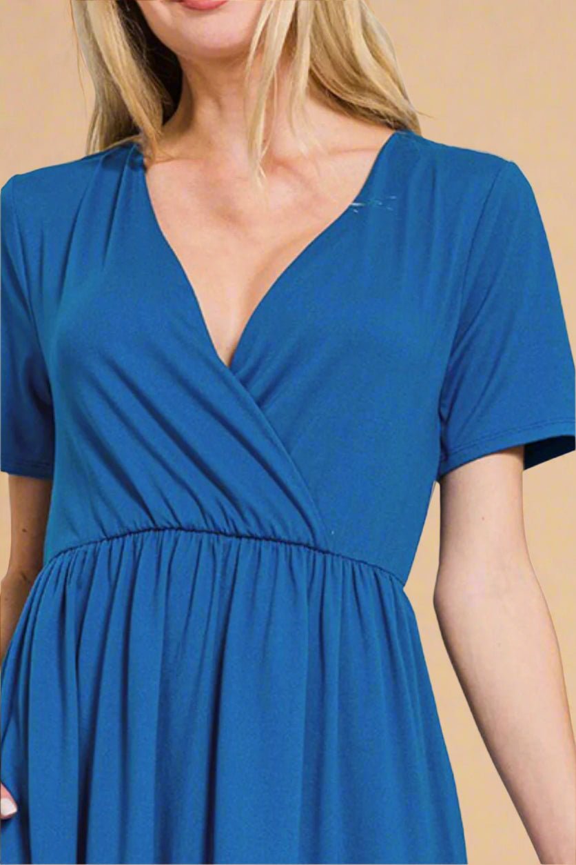 Zenana - Classic Blue Short Sleeve Mini Faux Wrap Dress