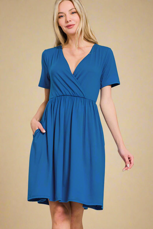 Zenana - Classic Blue Short Sleeve Mini Faux Wrap Dress