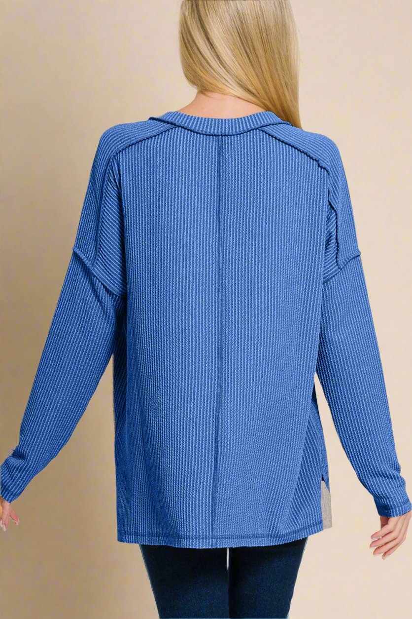 Zenana - Classic Blue V - Neck Long Sleeve T-Shirt