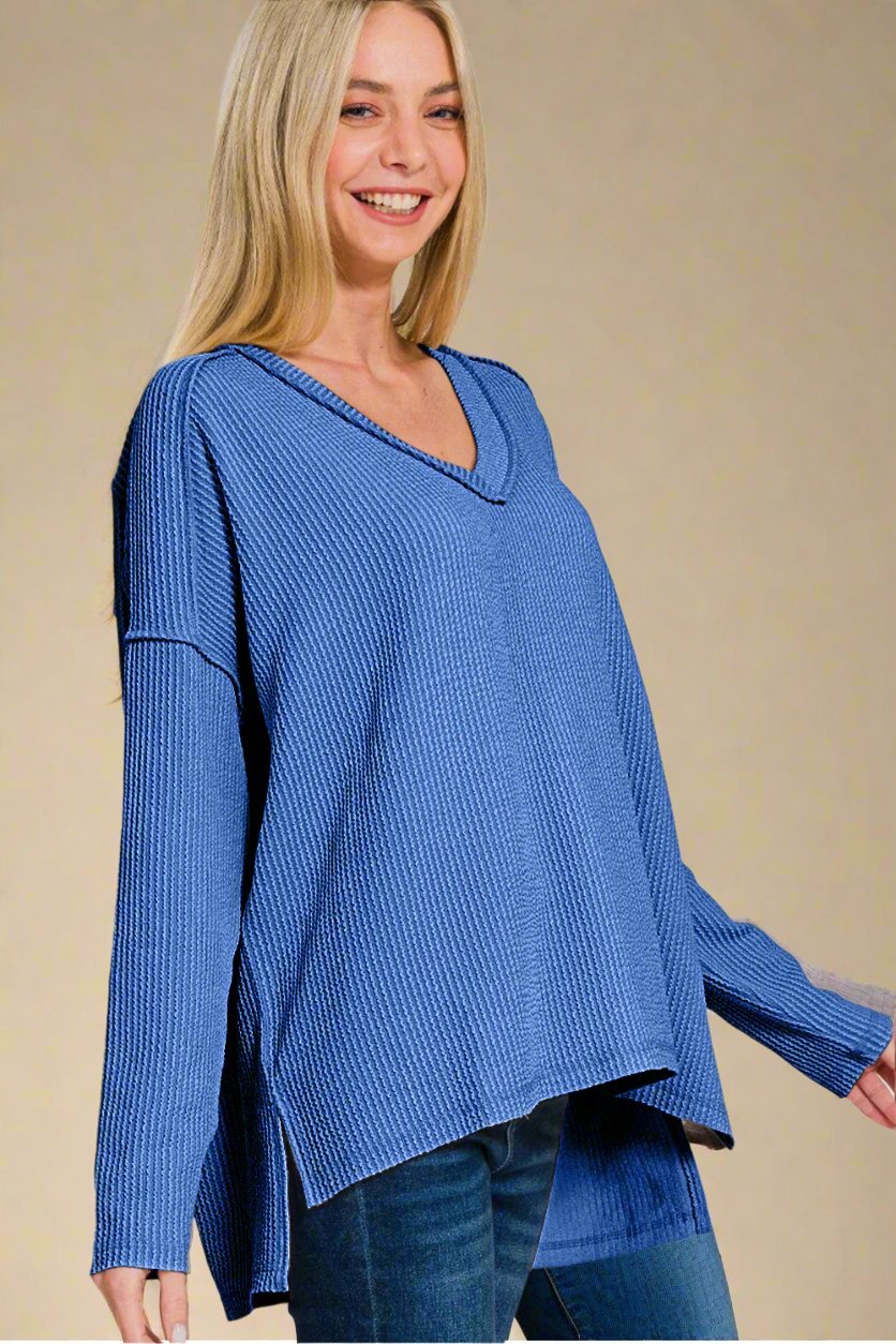 Zenana - Classic Blue V - Neck Long Sleeve T-Shirt