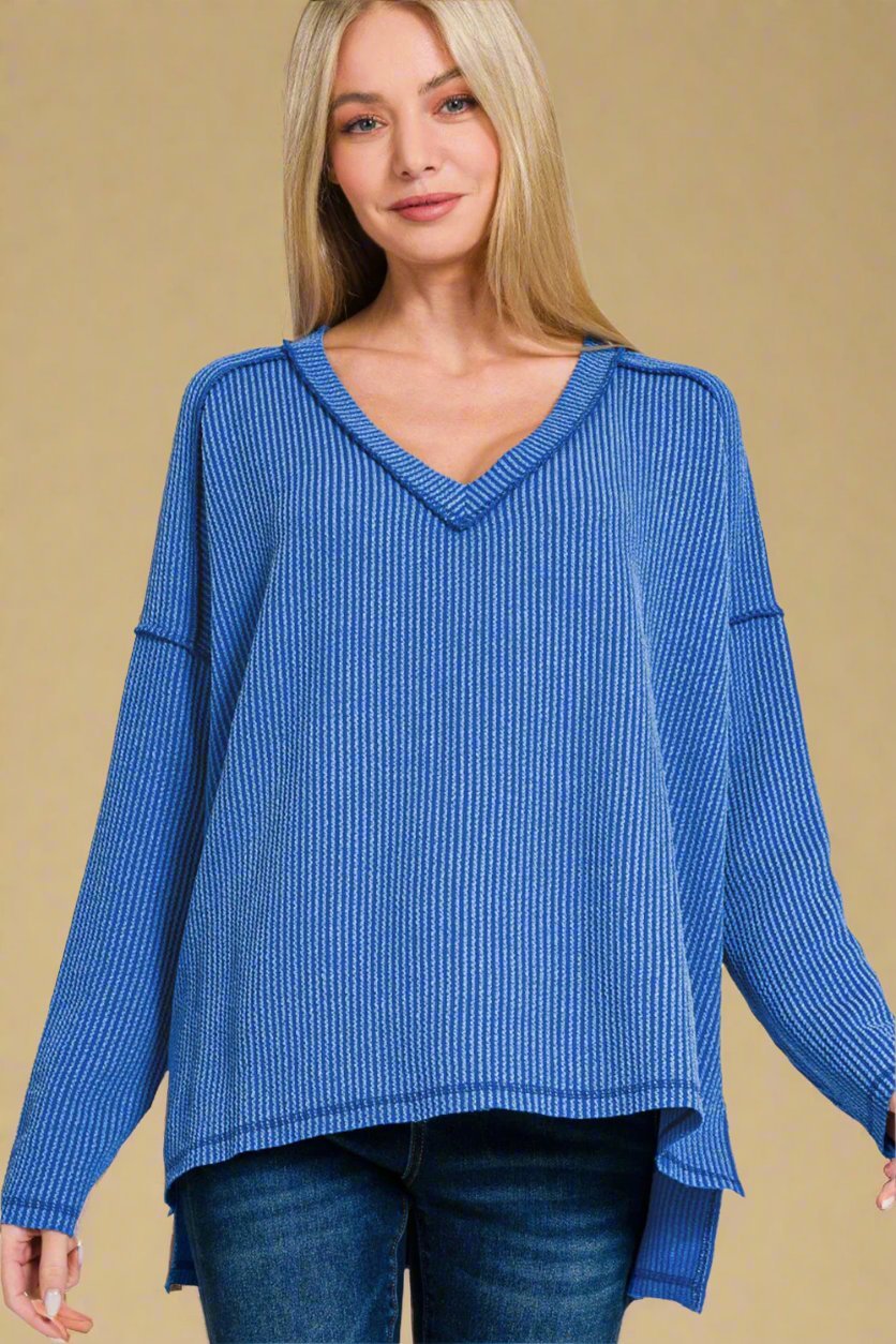 Zenana - Classic Blue V - Neck Long Sleeve T-Shirt