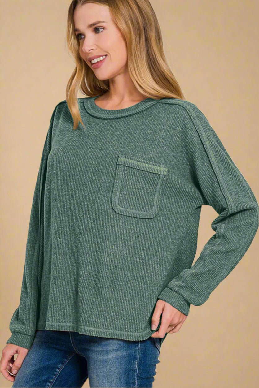 Zenana - Contrast Stitching Hacci Knit Top in Ash Jade