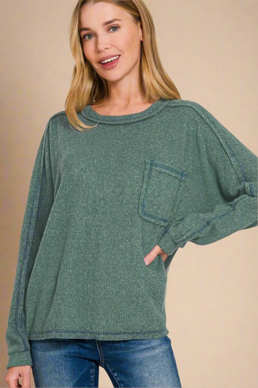 Zenana - Contrast Stitching Hacci Knit Top in Ash Jade