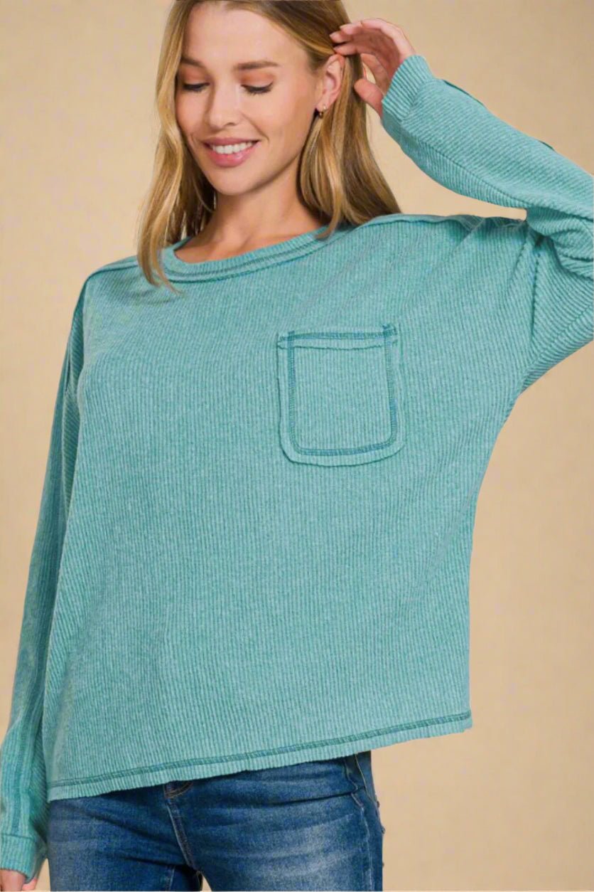 Zenana - Contrast Stitching Hacci Knit Top in Teal