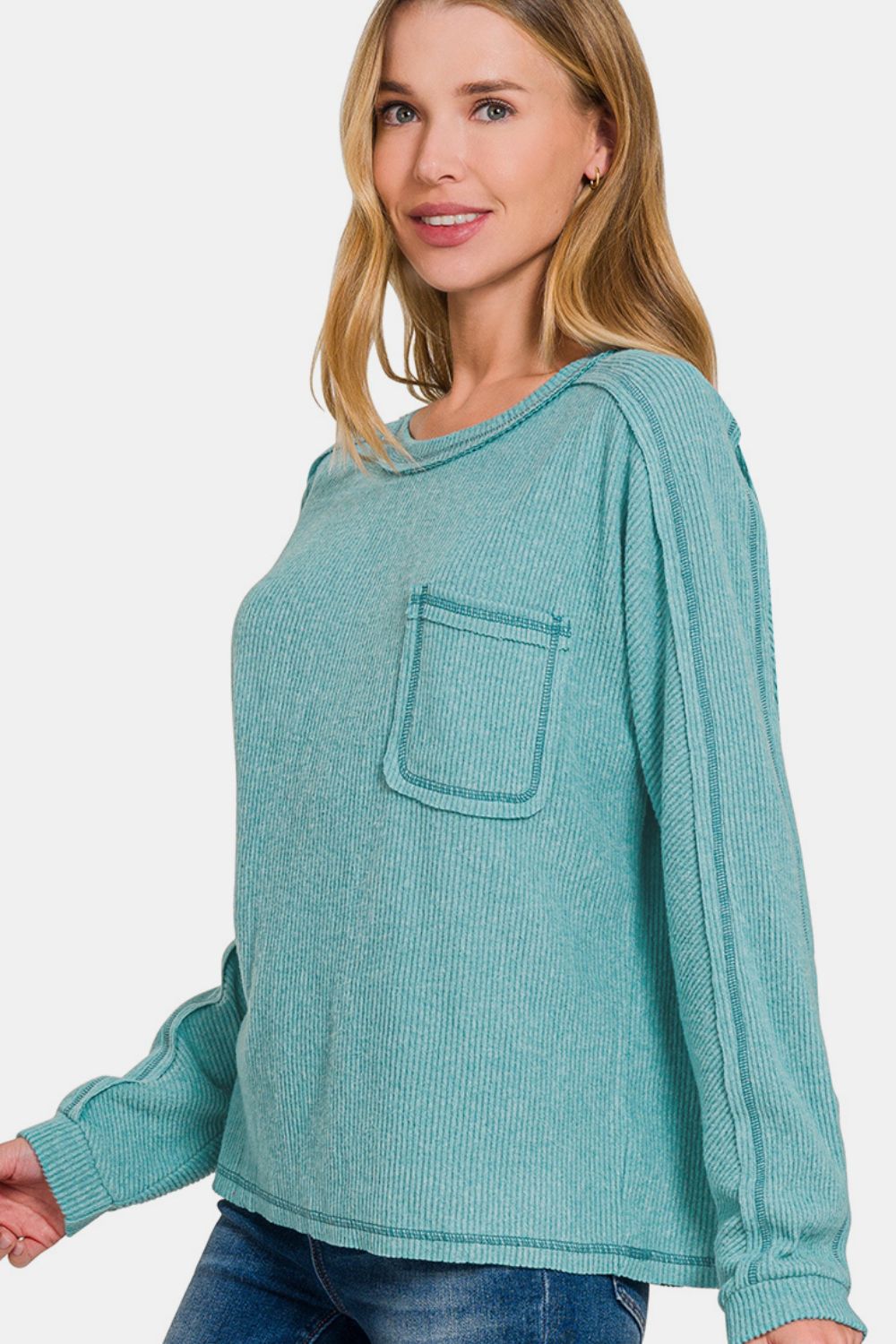 Zenana - Contrast Stitching Hacci Knit Top in Teal