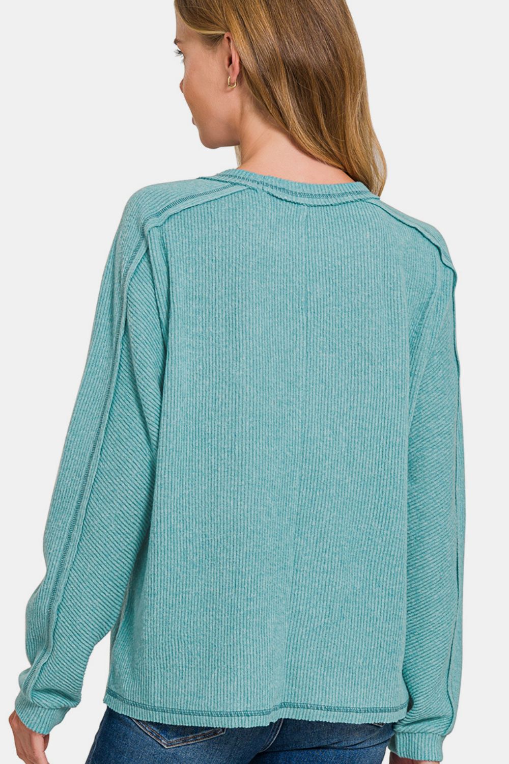 Zenana - Contrast Stitching Hacci Knit Top in Teal