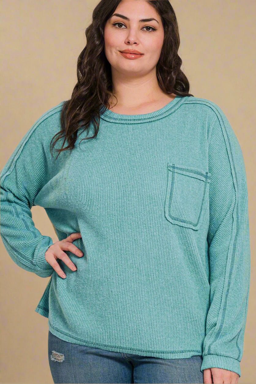 Zenana - Contrast Stitching Hacci Knit Top in Teal