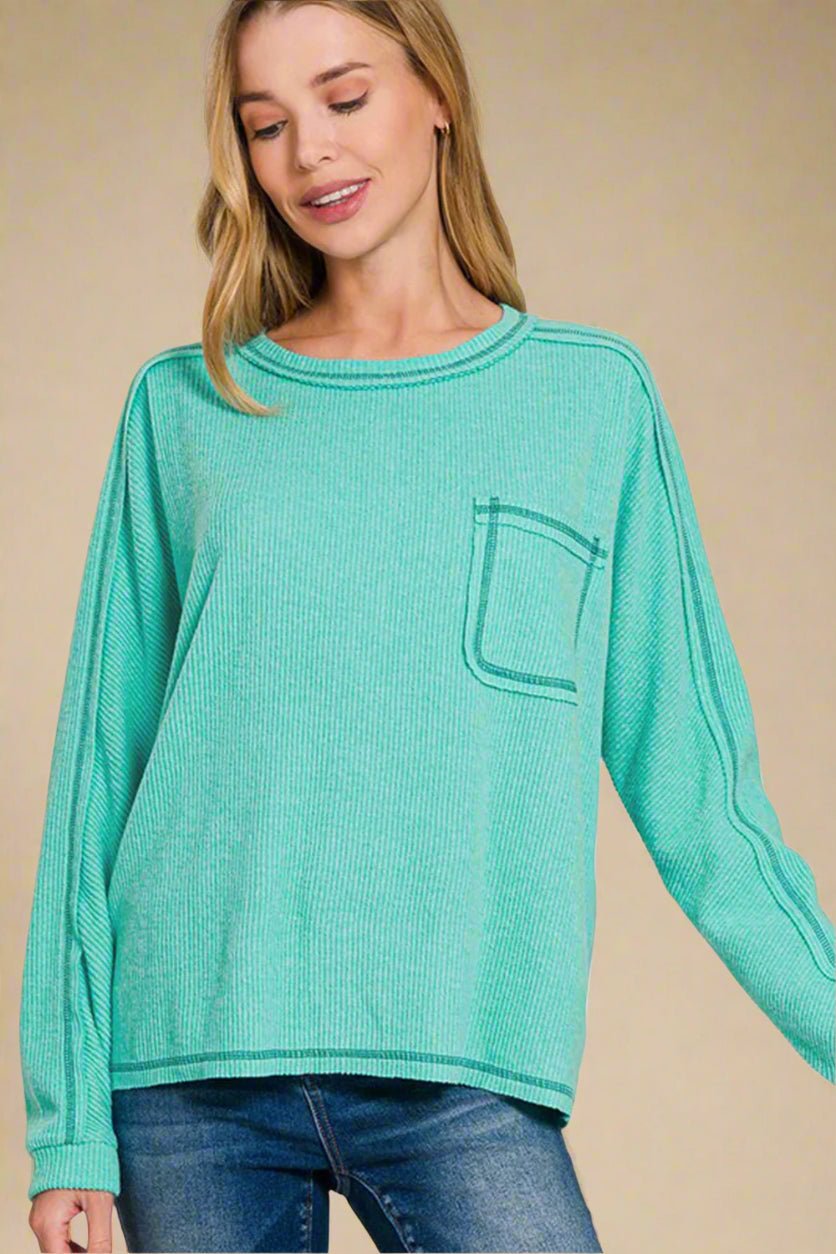 Zenana - Contrast Stitching Hacci Knit Top in Turquoise