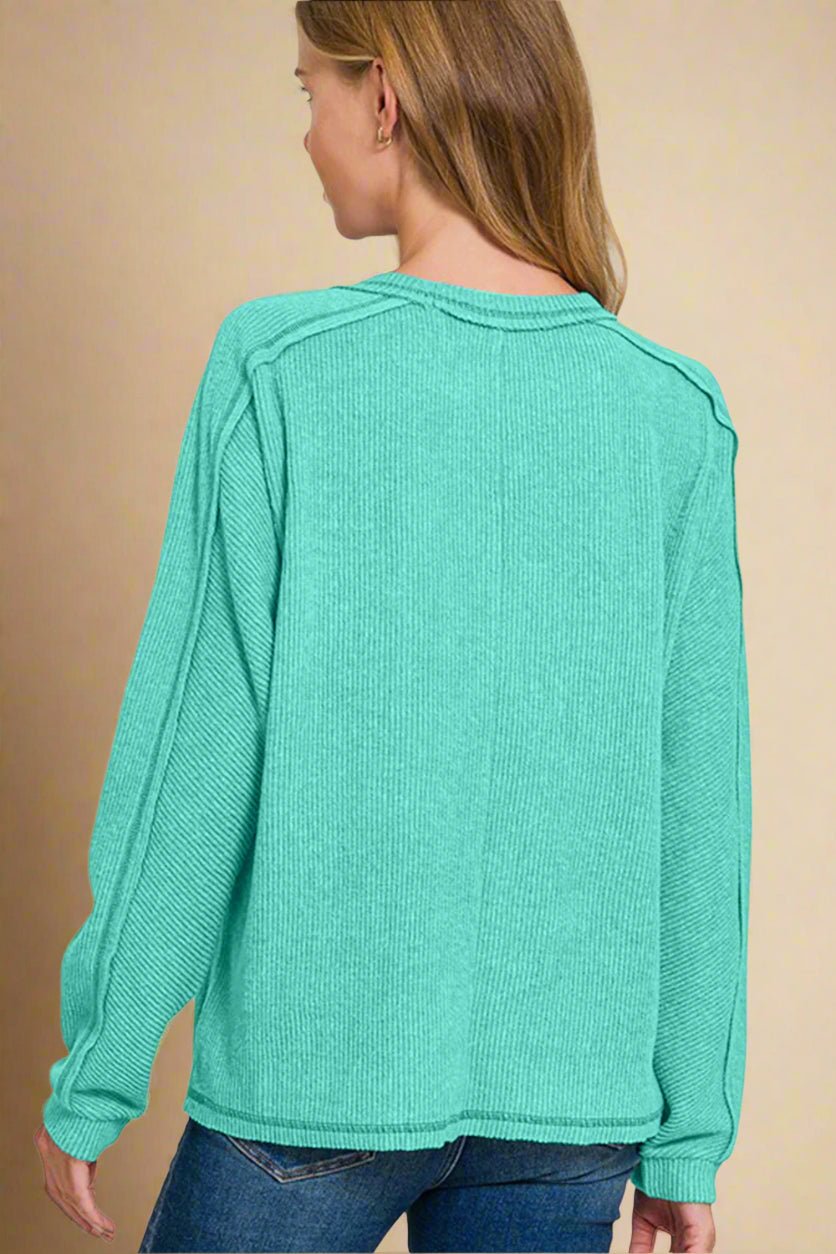 Zenana - Contrast Stitching Hacci Knit Top in Turquoise