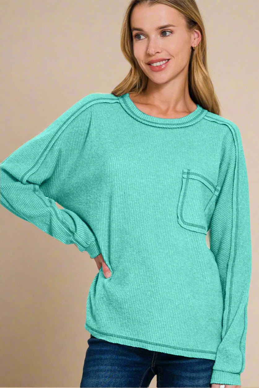 Zenana - Contrast Stitching Hacci Knit Top in Turquoise