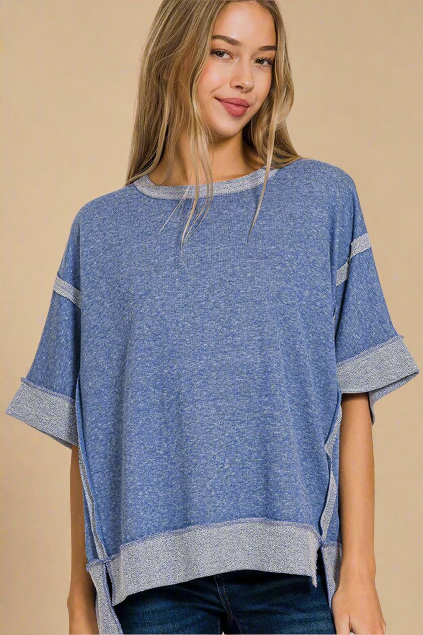 Zenana - Contrast Trim Drop Shoulder T-Shirt in Light Navy