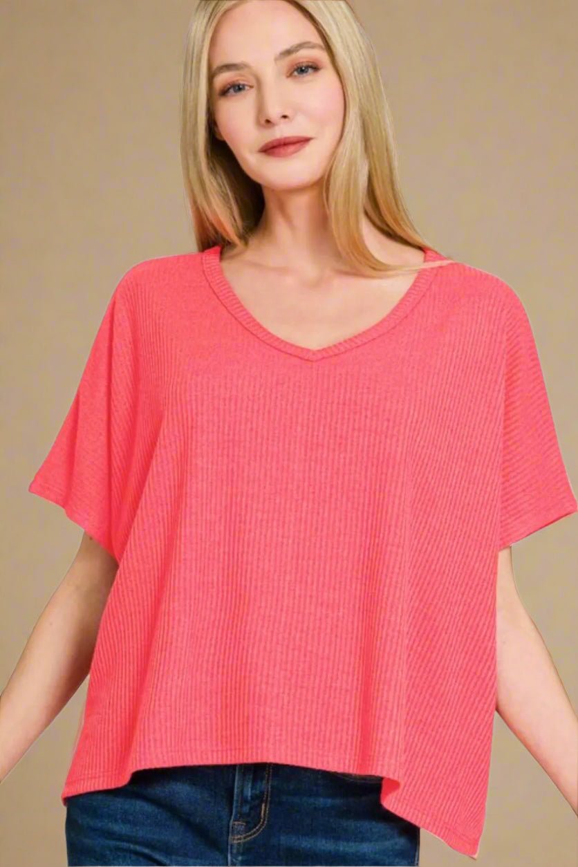 Zenana - Coral Rib Knit V - Neck Knit Top