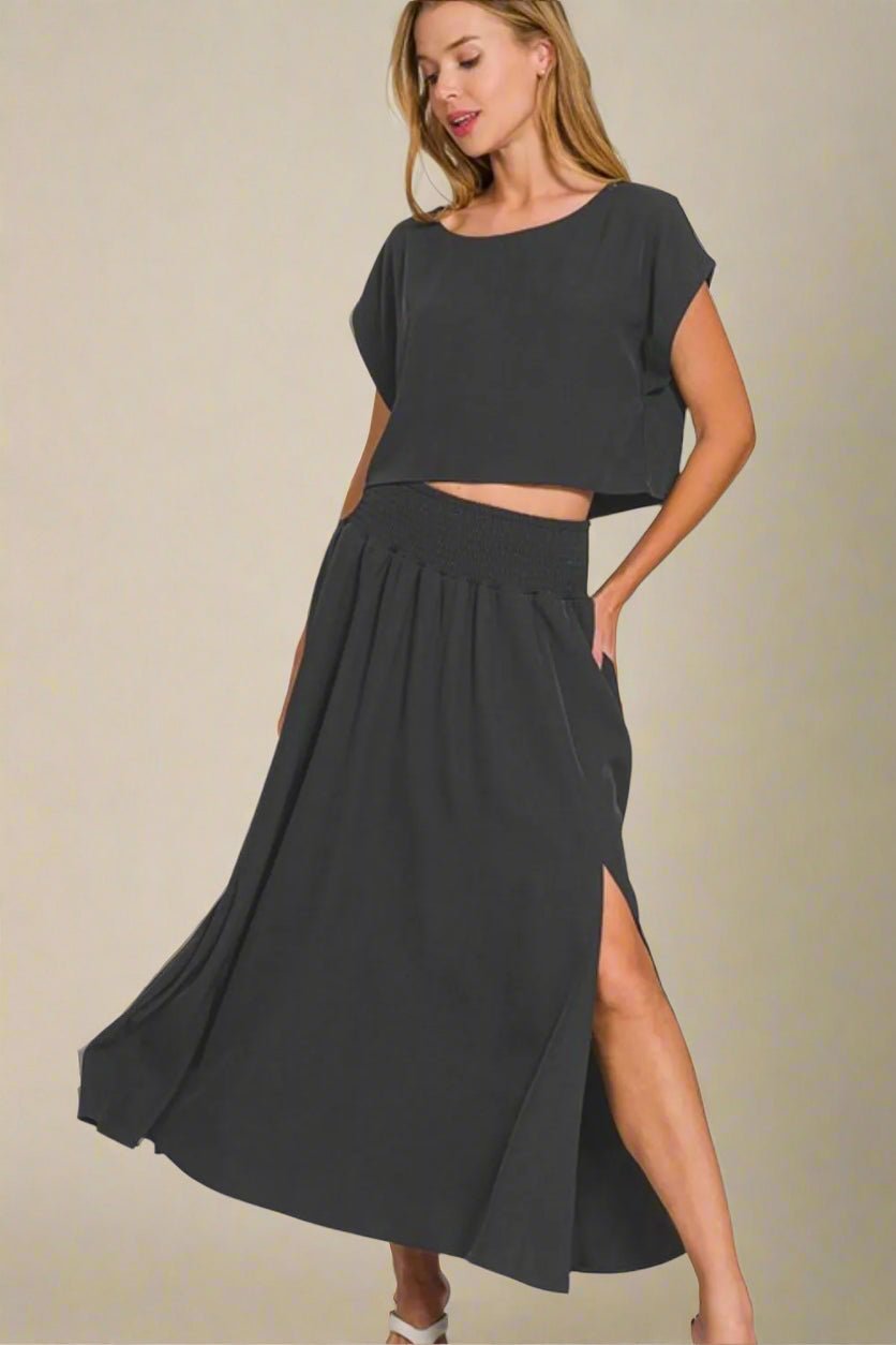 Zenana - Crop Tee & Smocked Waist Maxi Skirt Set – Black