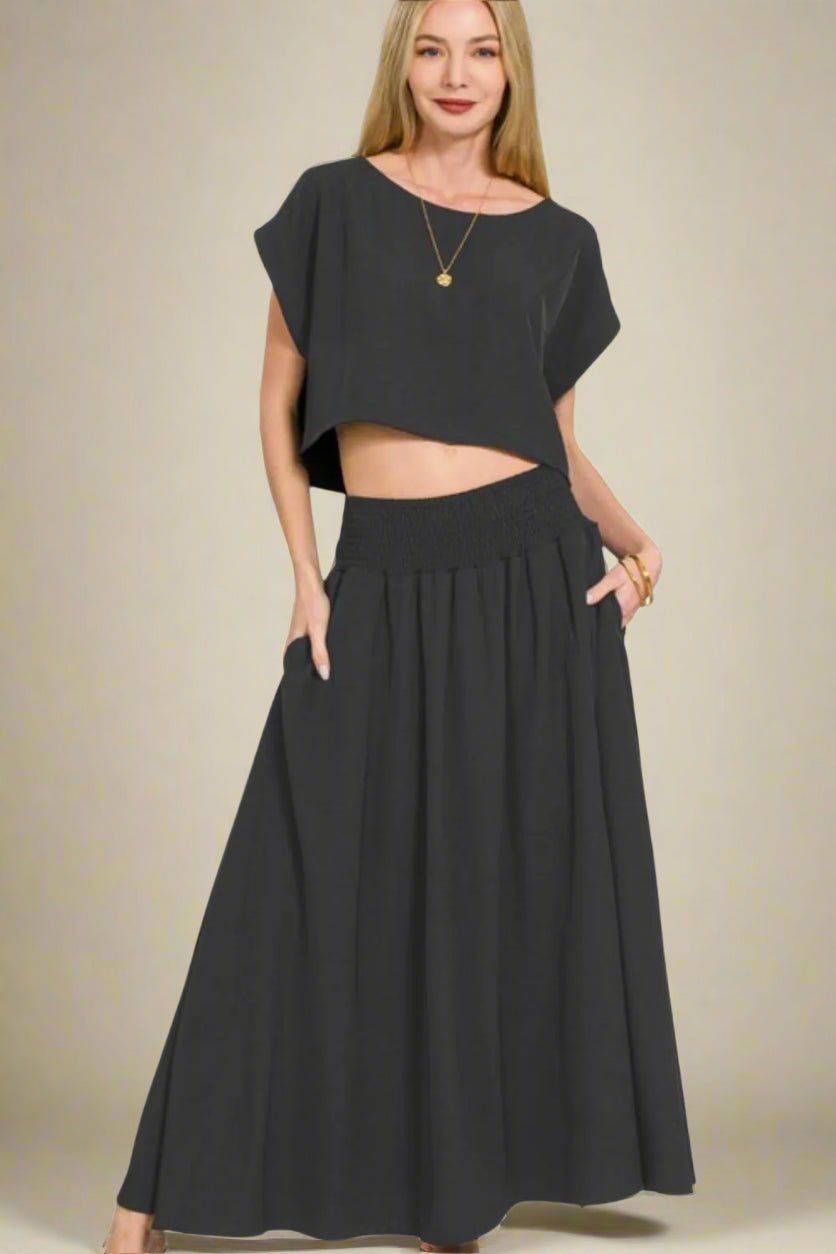 Zenana - Crop Tee & Smocked Waist Maxi Skirt Set – Black