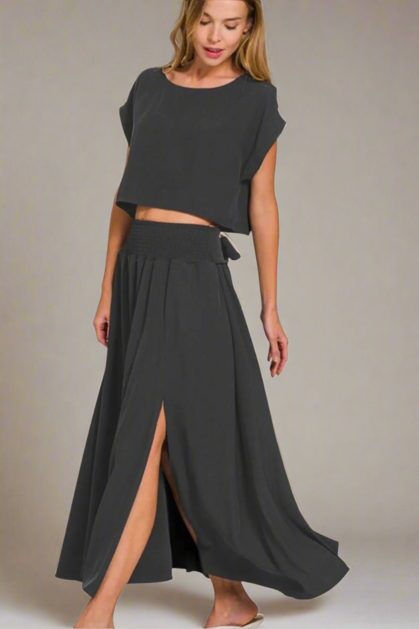 Zenana - Crop Tee & Smocked Waist Maxi Skirt Set – Black